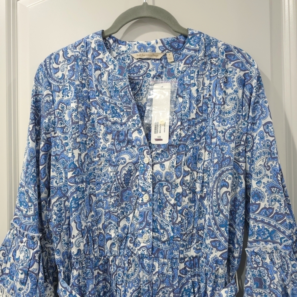 Cottage Core Blue White Paisley Dress Lace Trim, Bell Sleeves, Tiered Hem - Picture 3 of 16